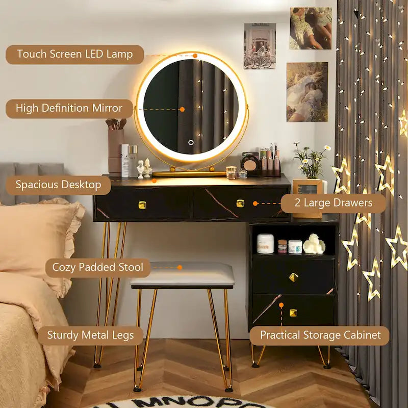 Juego de tocador marrón/negro/blanco con espejo LED y taburete acolchado, 1 persona