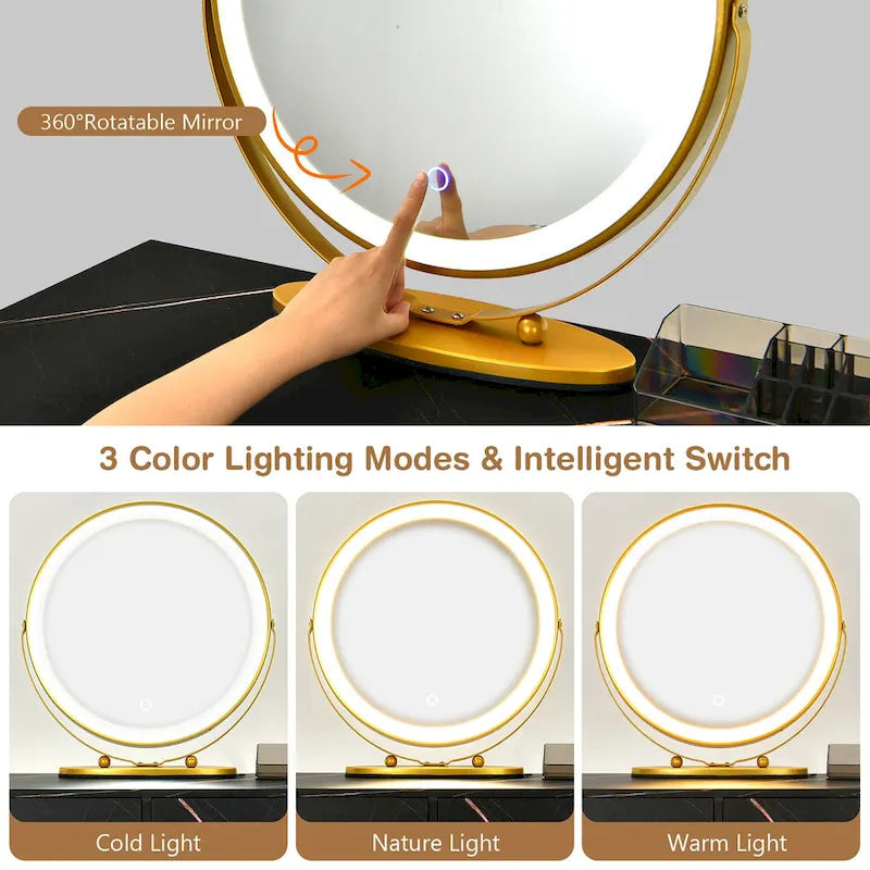 Juego de tocador marrón/negro/blanco con espejo LED y taburete acolchado, 1 persona