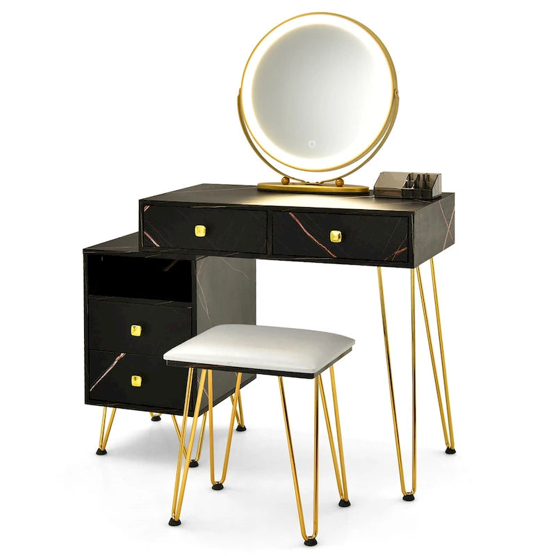 Juego de tocador marrón/negro/blanco con espejo LED y taburete acolchado, 1 persona