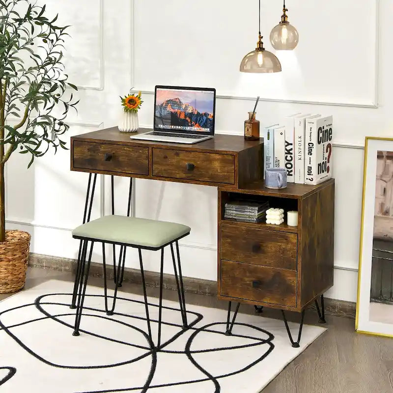 Juego de tocador marrón/negro/blanco con espejo LED y taburete acolchado, 1 persona