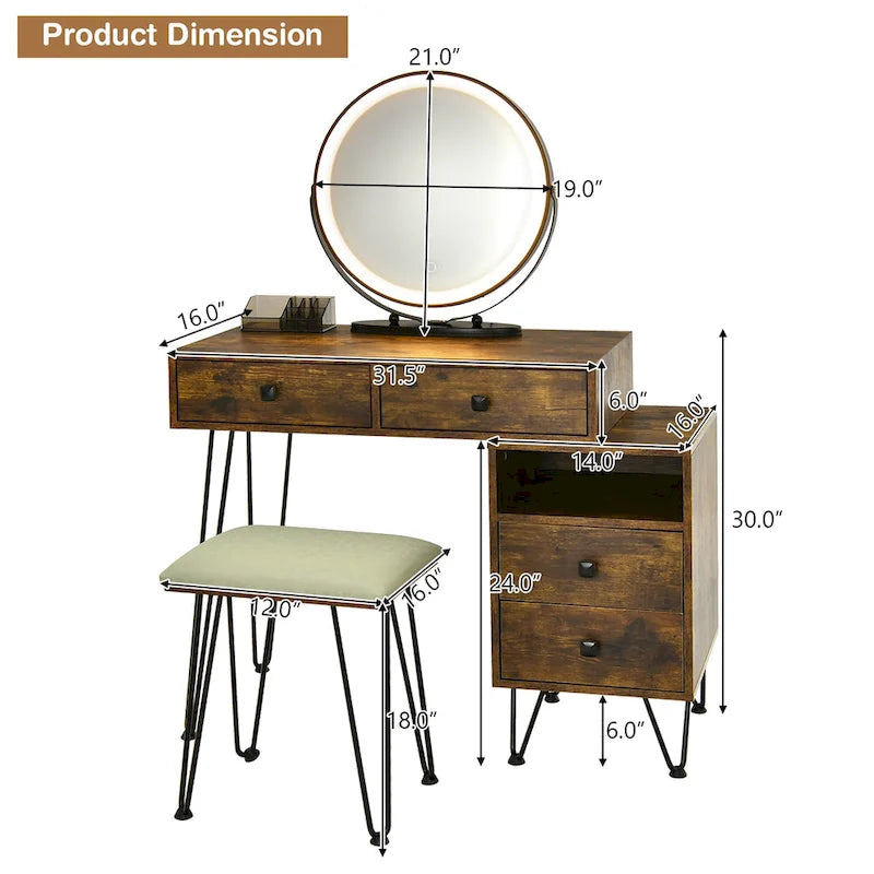 Juego de tocador marrón/negro/blanco con espejo LED y taburete acolchado, 1 persona