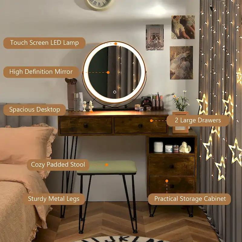 Juego de tocador marrón/negro/blanco con espejo LED y taburete acolchado, 1 persona