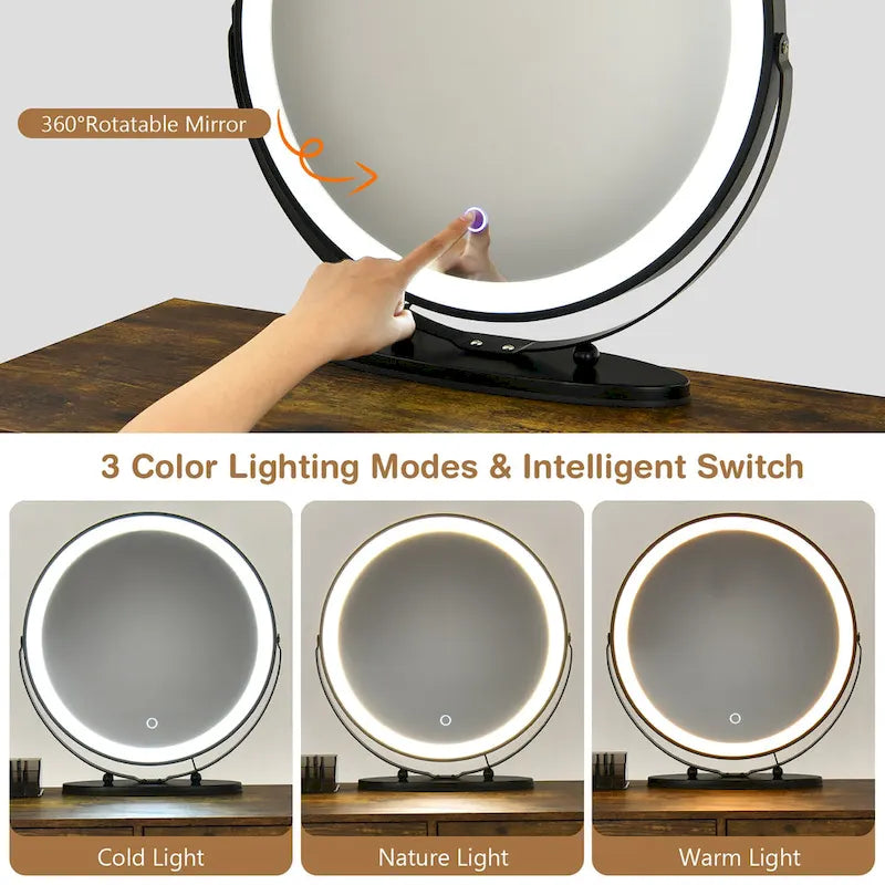 Juego de tocador marrón/negro/blanco con espejo LED y taburete acolchado, 1 persona