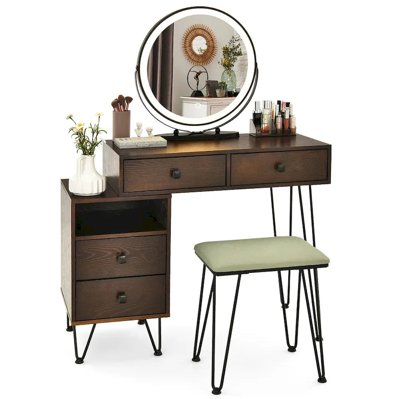 Juego de tocador marrón/negro/blanco con espejo LED y taburete acolchado, 1 persona