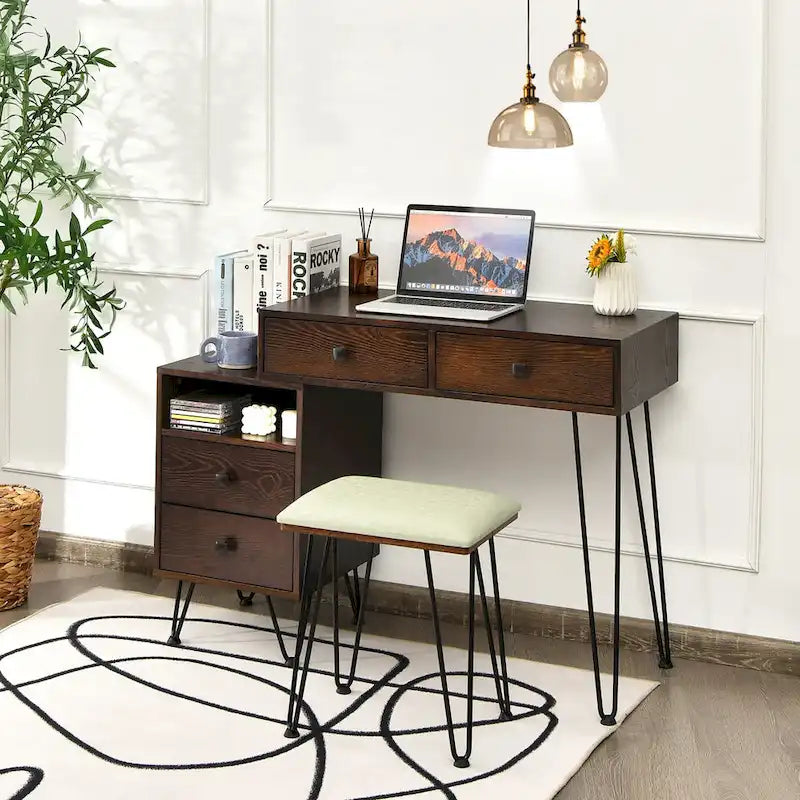 Juego de tocador marrón/negro/blanco con espejo LED y taburete acolchado, 1 persona