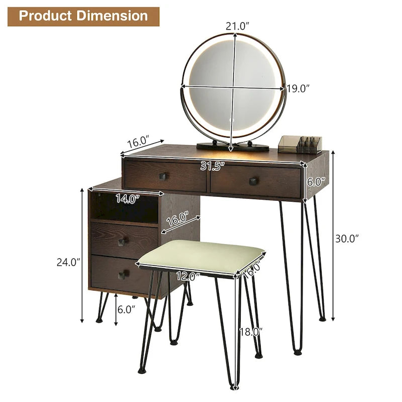 Juego de tocador marrón/negro/blanco con espejo LED y taburete acolchado, 1 persona