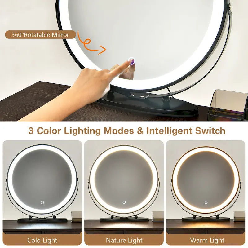 Juego de tocador marrón/negro/blanco con espejo LED y taburete acolchado, 1 persona