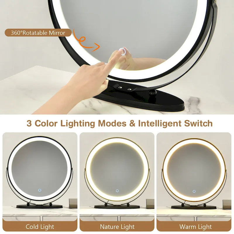 Juego de tocador marrón/negro/blanco con espejo LED y taburete acolchado, 1 persona