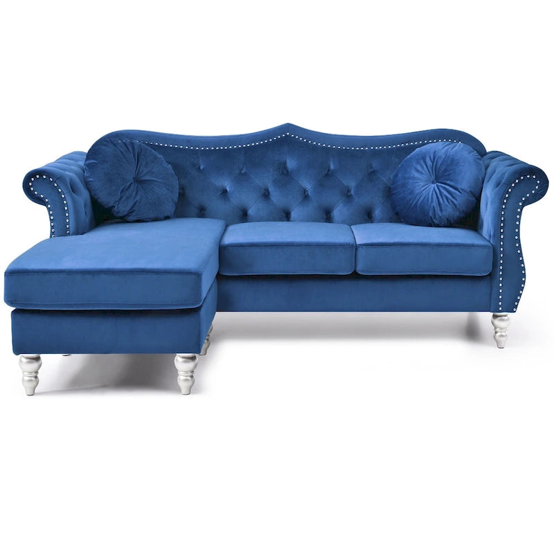 Sofá seccional Chesterfield de terciopelo azul, 2 plazas, 81"