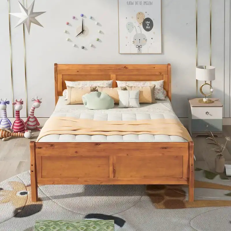 Cama de plataforma de madera de tamaño completo con cabecero y piecero, roble/espresso/blanco, 2 personas