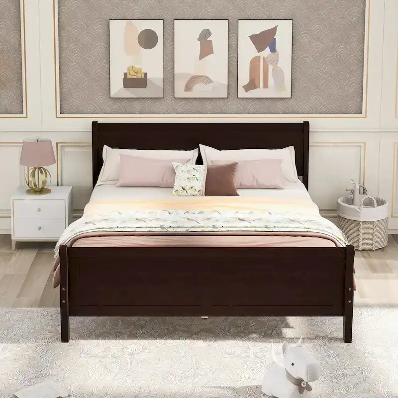 Cama de plataforma de madera de tamaño completo con cabecero y piecero, roble/espresso/blanco, 2 personas