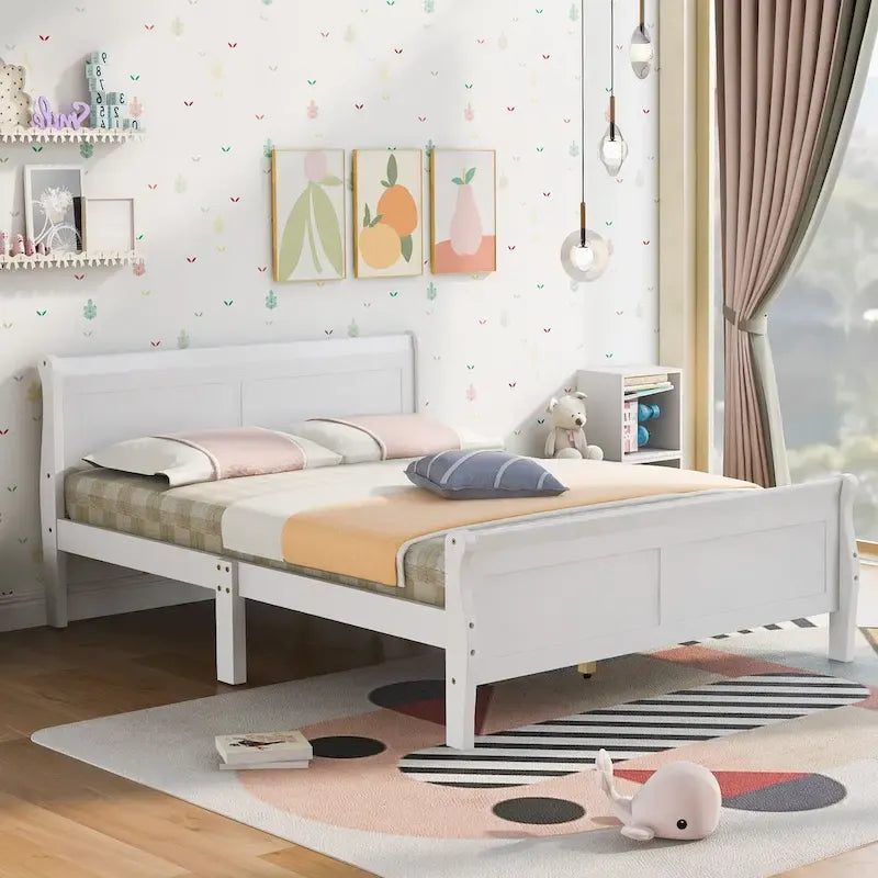 Cama de plataforma de madera de tamaño completo con cabecero y piecero, roble/espresso/blanco, 2 personas