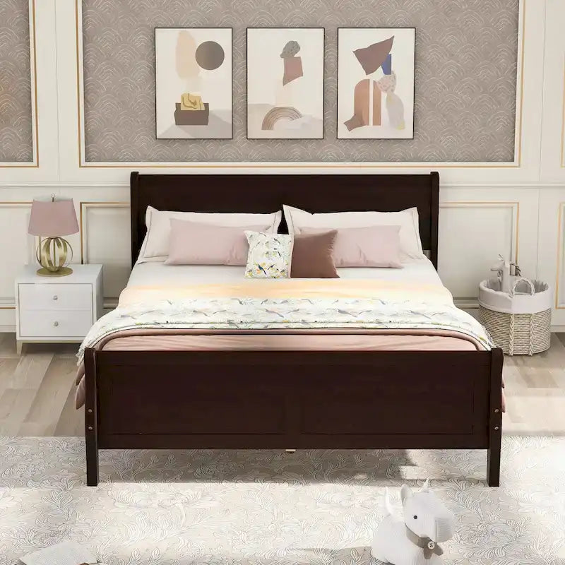 Cama de plataforma de madera de tamaño completo con cabecero y piecero, roble/espresso/blanco, 2 personas