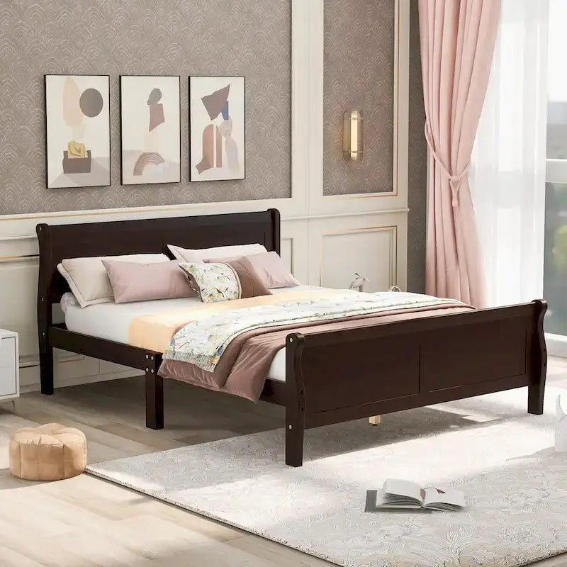 Cama de plataforma de madera de tamaño completo con cabecero y piecero, roble/espresso/blanco, 2 personas