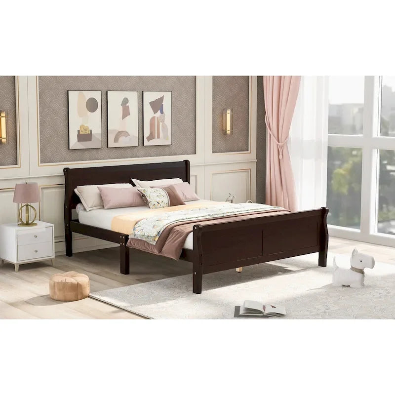 Cama de plataforma de madera de tamaño completo con cabecero y piecero, roble/espresso/blanco, 2 personas