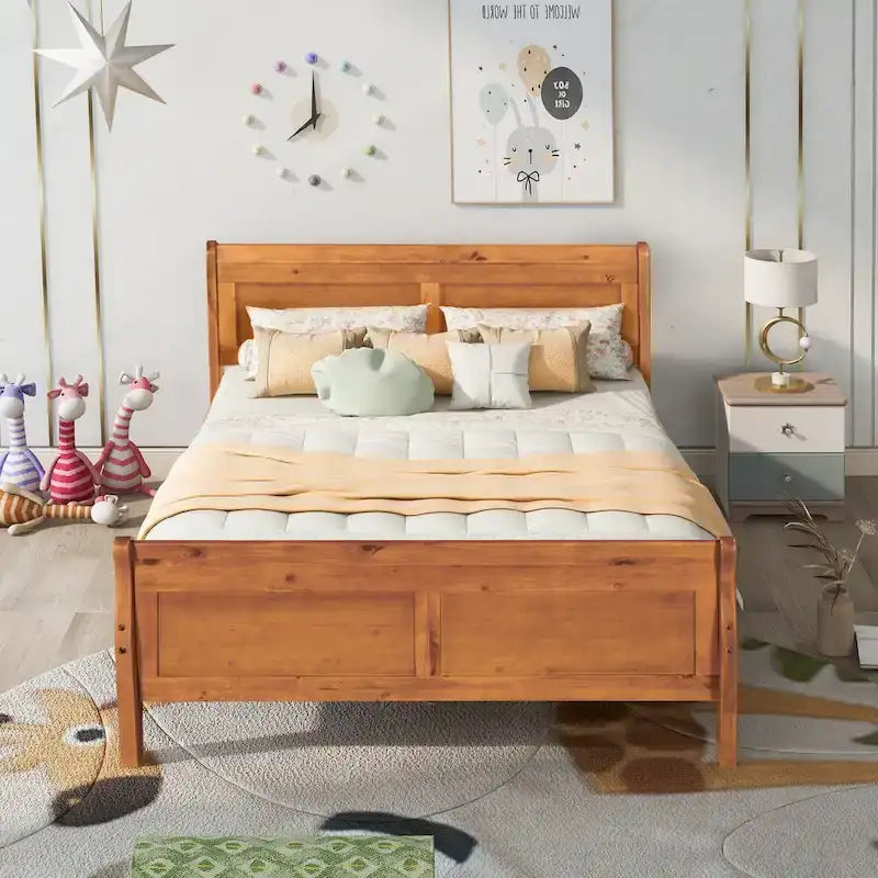 Cama de plataforma de madera de tamaño completo con cabecero y piecero, roble/espresso/blanco, 2 personas