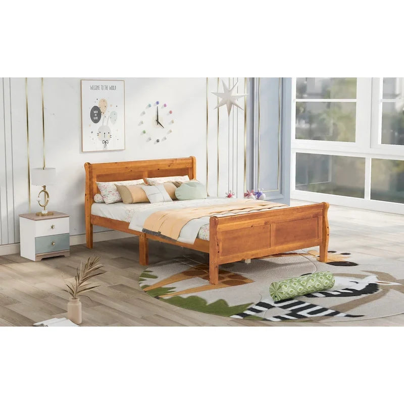Cama de plataforma de madera de tamaño completo con cabecero y piecero, roble/espresso/blanco, 2 personas