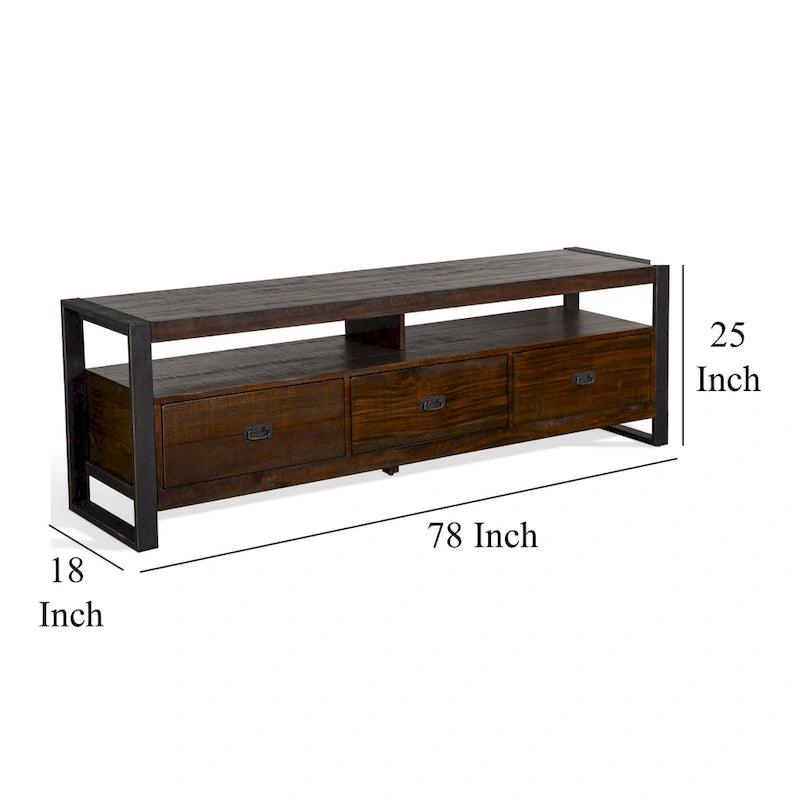 Mueble para TV Flint, 3 cajones, 2 estantes, madera marrón oscuro, 78 pulgadas