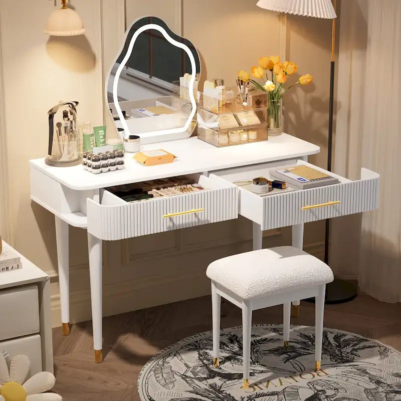 Tocador con Taburete Acolchado, Mesa de Maquillaje con Espejo LED Táctil, Mesa de Maquillaje con 2 Cajones