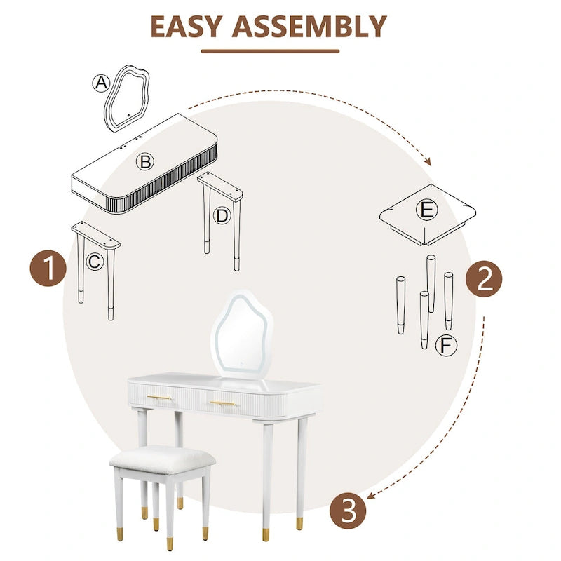 Tocador con Taburete Acolchado, Mesa de Maquillaje con Espejo LED Táctil, Mesa de Maquillaje con 2 Cajones