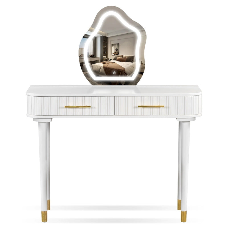 Tocador con Taburete Acolchado, Mesa de Maquillaje con Espejo LED Táctil, Mesa de Maquillaje con 2 Cajones