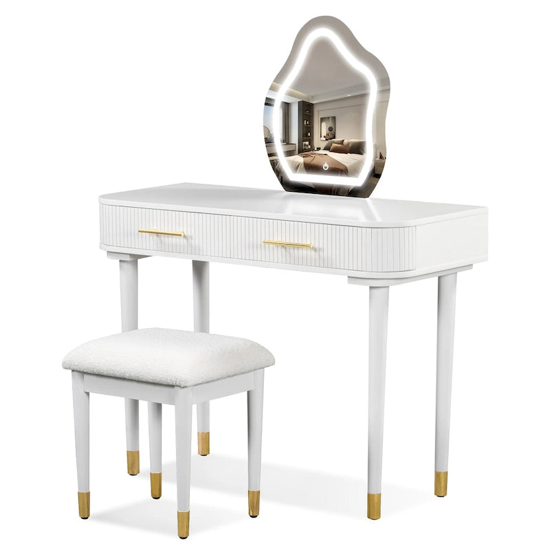 Tocador con Taburete Acolchado, Mesa de Maquillaje con Espejo LED Táctil, Mesa de Maquillaje con 2 Cajones