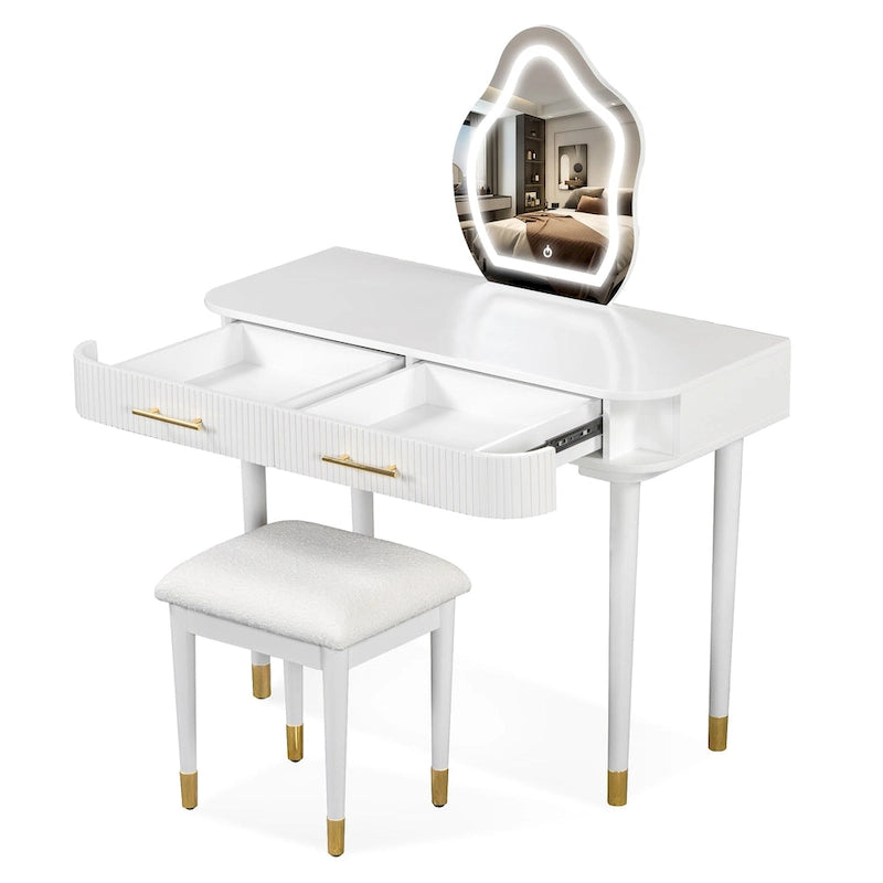 Tocador con Taburete Acolchado, Mesa de Maquillaje con Espejo LED Táctil, Mesa de Maquillaje con 2 Cajones