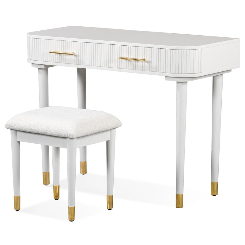 Tocador con Taburete Acolchado, Mesa de Maquillaje con Espejo LED Táctil, Mesa de Maquillaje con 2 Cajones