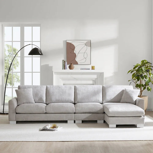 Sofá seccional espacioso en L para 5 personas con chaise longue y 2 cojines decorativos para sala de estar