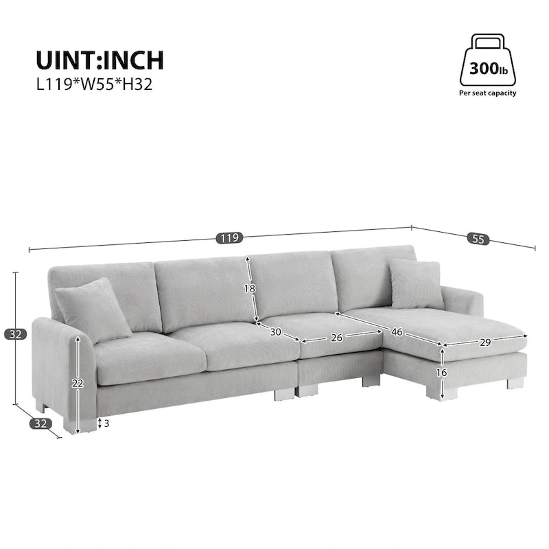 Sofá seccional espacioso en L para 5 personas con chaise longue y 2 cojines decorativos para sala de estar