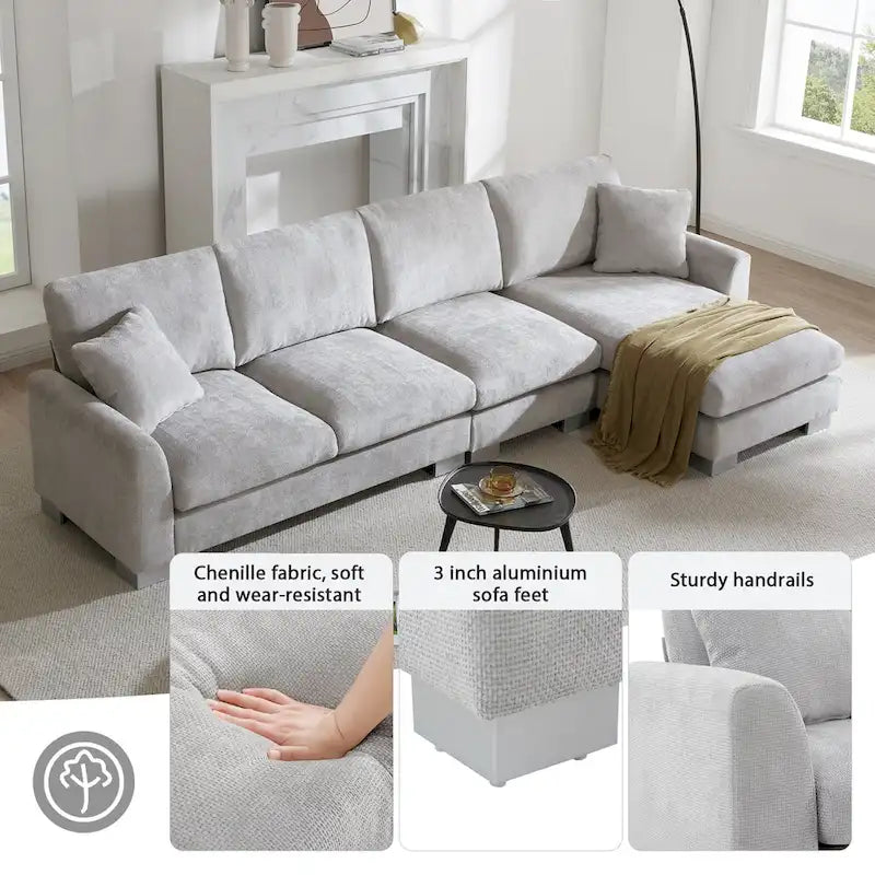 Sofá seccional espacioso en L para 5 personas con chaise longue y 2 cojines decorativos para sala de estar