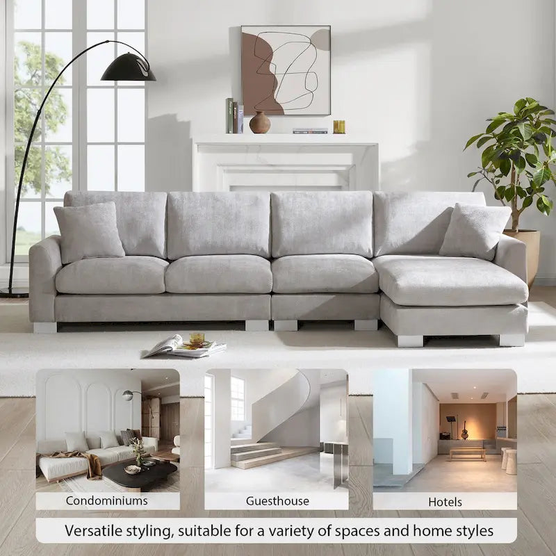 Sofá seccional espacioso en L para 5 personas con chaise longue y 2 cojines decorativos para sala de estar