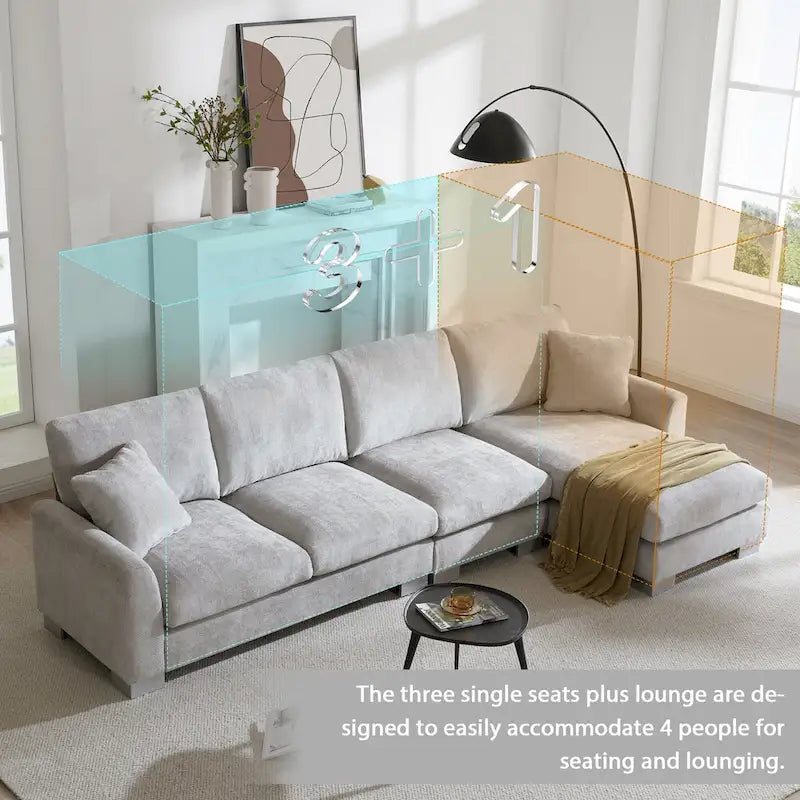 Sofá seccional espacioso en L para 5 personas con chaise longue y 2 cojines decorativos para sala de estar