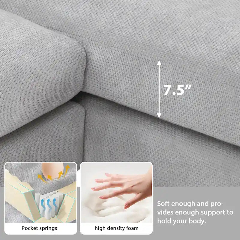 Sofá seccional espacioso en L para 5 personas con chaise longue y 2 cojines decorativos para sala de estar