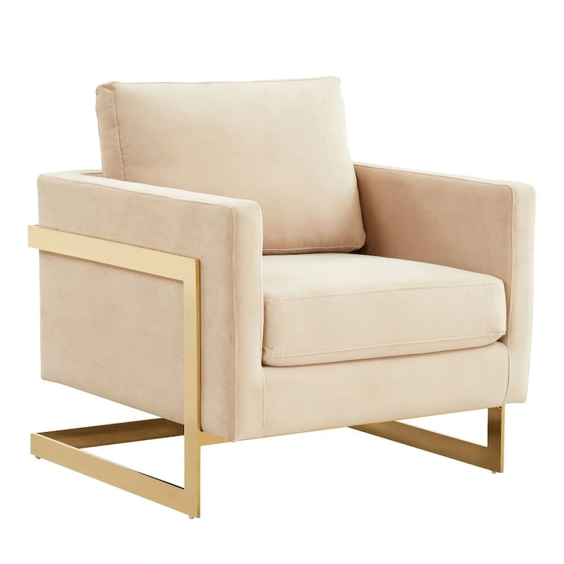 Sillón Acento Aterciopelado Beige de Mediados de Siglo - Asiento Individual