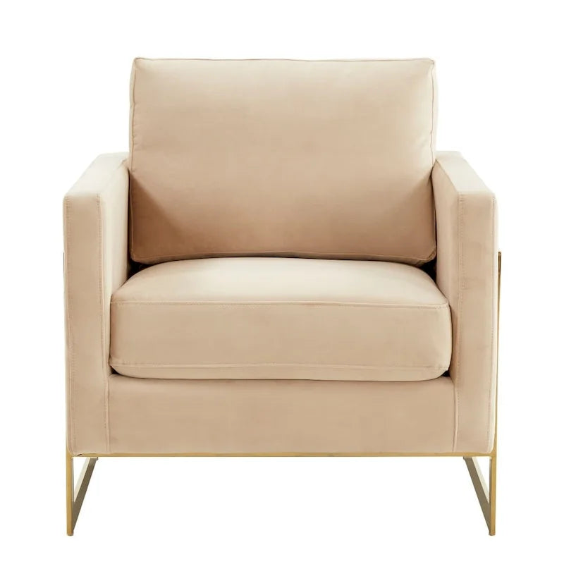 Sillón Acento Aterciopelado Beige de Mediados de Siglo - Asiento Individual