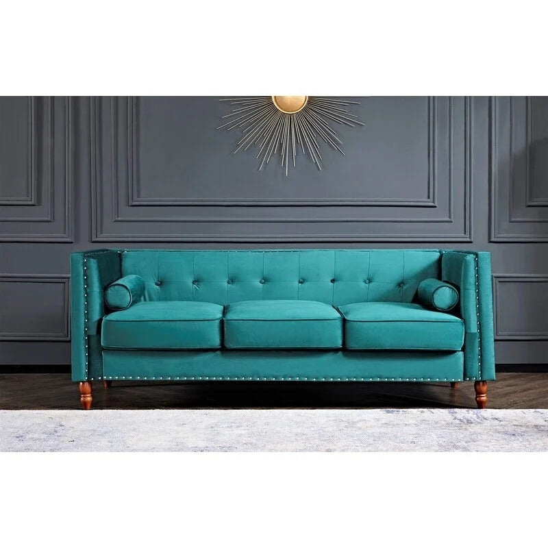 Sofá de terciopelo de dos plazas con brazos cuadrados en azul / verde / gris / marfil