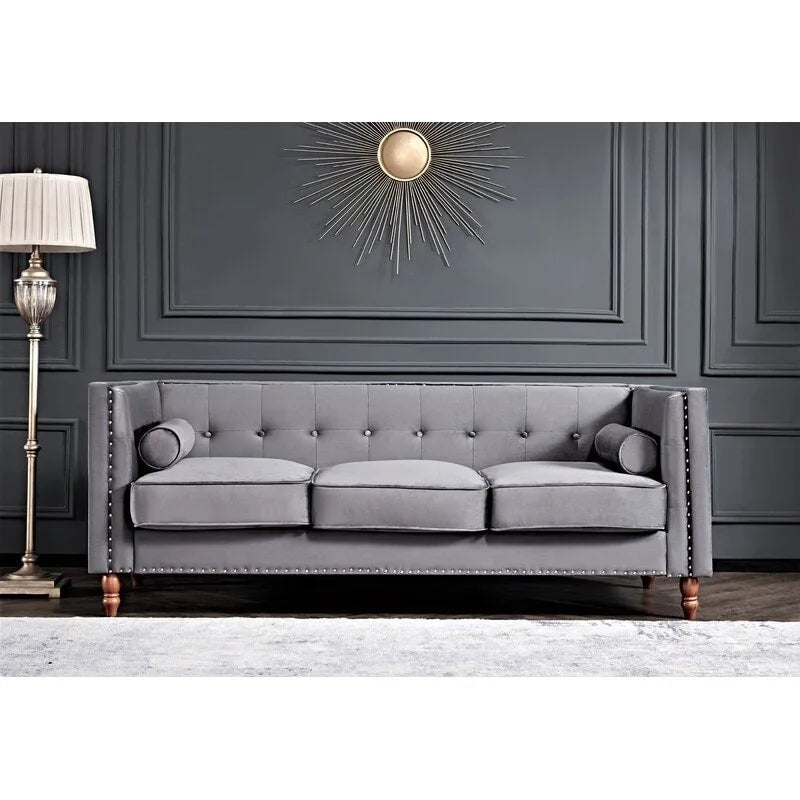 Sofá de terciopelo de dos plazas con brazos cuadrados en azul / verde / gris / marfil