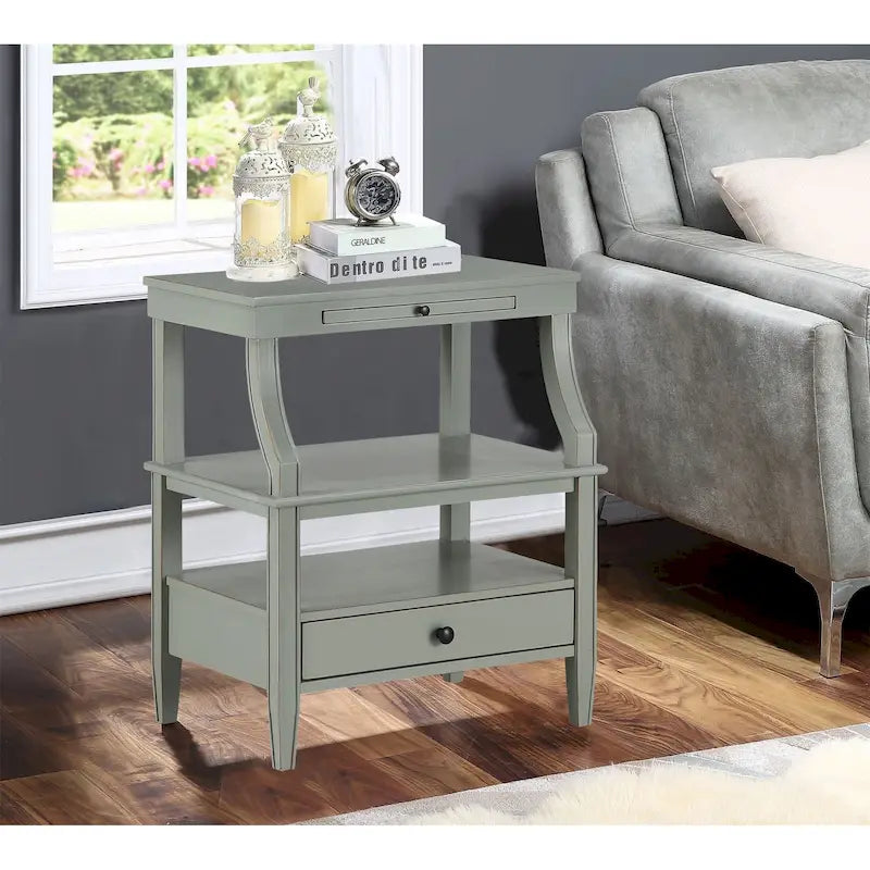 Mesa auxiliar de 3 niveles con cajón y bandeja extraíble para bebidas — Azul marino / Gris envejecido / Blanco envejecido, 1 persona