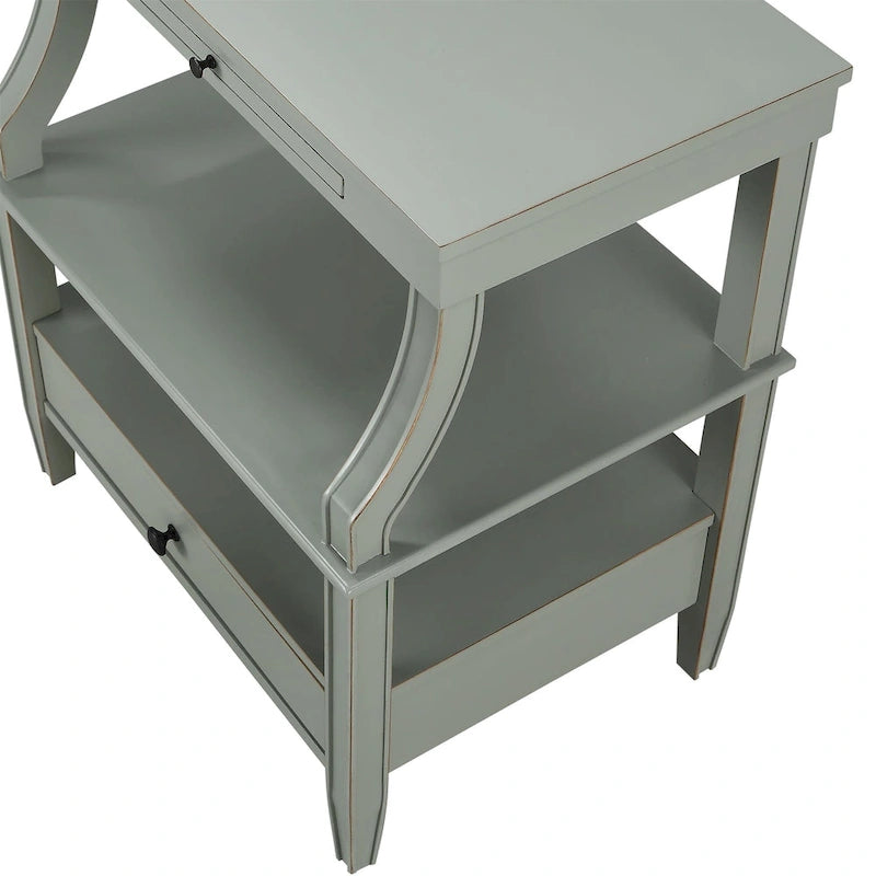 Mesa auxiliar de 3 niveles con cajón y bandeja extraíble para bebidas — Azul marino / Gris envejecido / Blanco envejecido, 1 persona