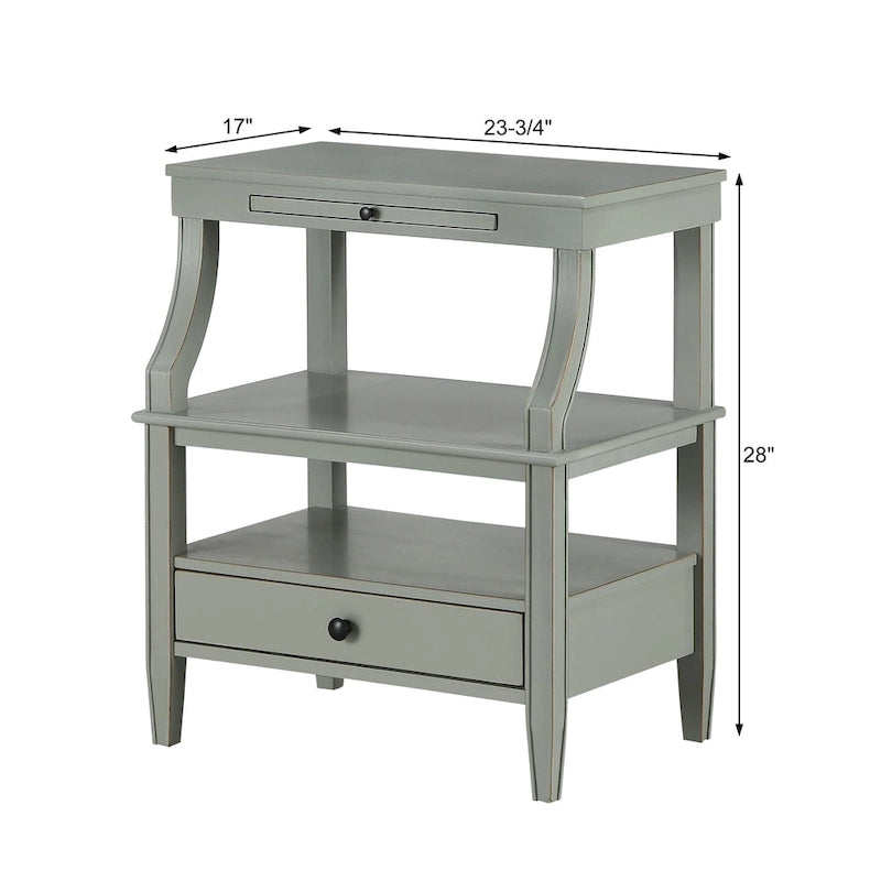 Mesa auxiliar de 3 niveles con cajón y bandeja extraíble para bebidas — Azul marino / Gris envejecido / Blanco envejecido, 1 persona