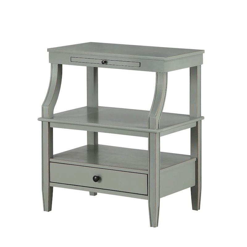Mesa auxiliar de 3 niveles con cajón y bandeja extraíble para bebidas — Azul marino / Gris envejecido / Blanco envejecido, 1 persona