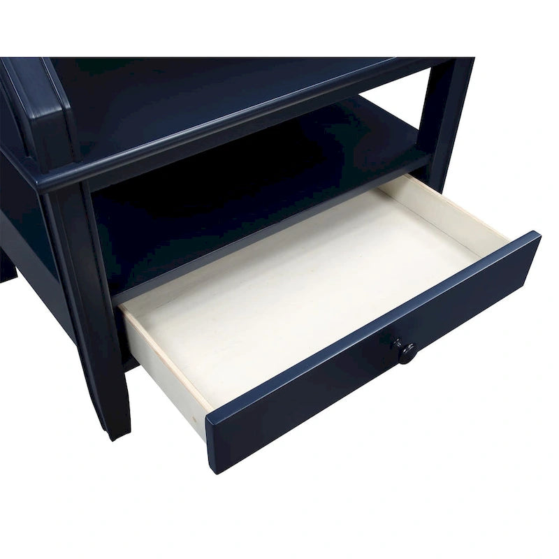 Mesa auxiliar de 3 niveles con cajón y bandeja extraíble para bebidas — Azul marino / Gris envejecido / Blanco envejecido, 1 persona