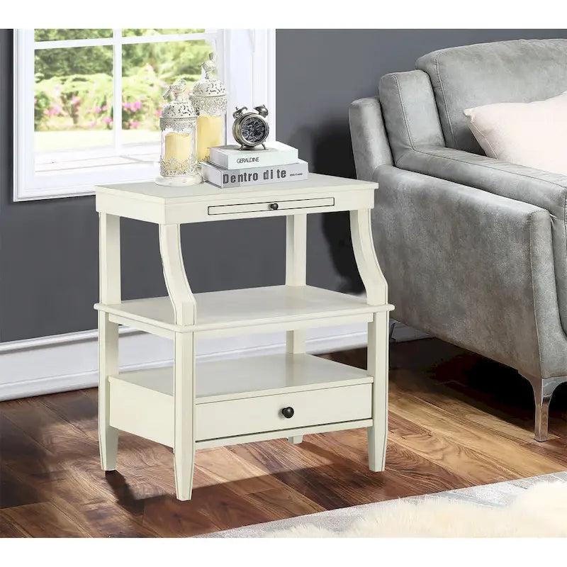 Mesa auxiliar de 3 niveles con cajón y bandeja extraíble para bebidas — Azul marino / Gris envejecido / Blanco envejecido, 1 persona