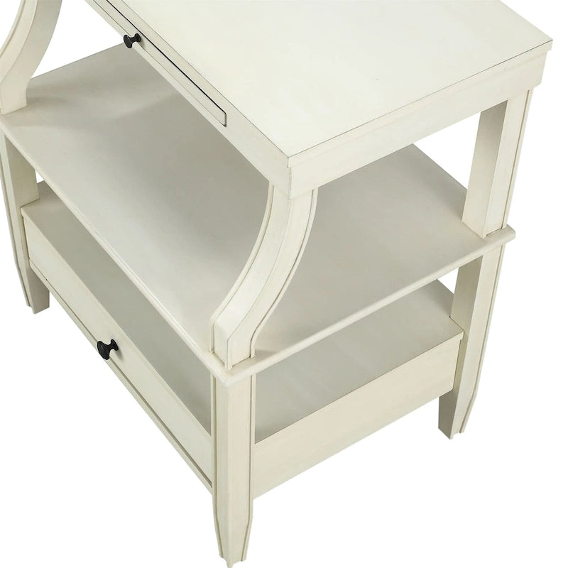Mesa auxiliar de 3 niveles con cajón y bandeja extraíble para bebidas — Azul marino / Gris envejecido / Blanco envejecido, 1 persona