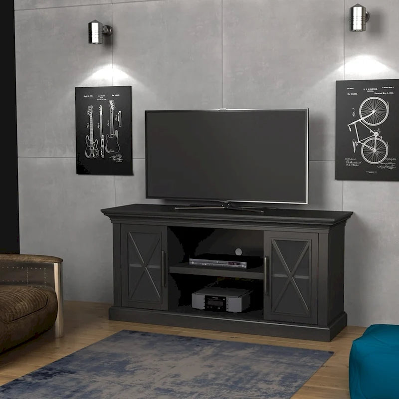 Mueble para TV con puertas de cristal negro y diseño X-Mullion para televisores de hasta 65"