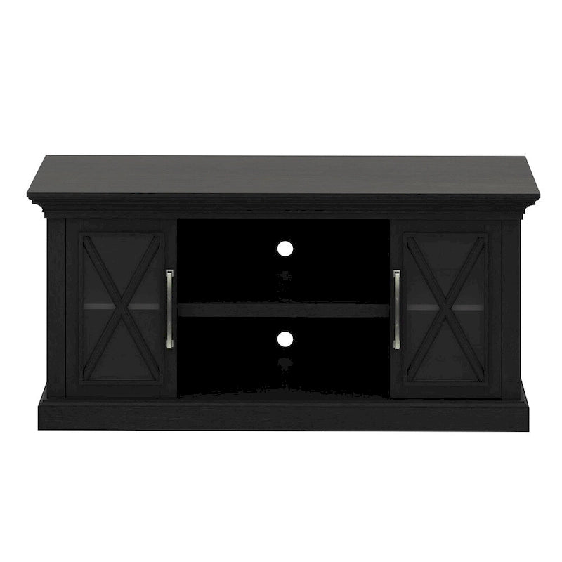 Mueble para TV con puertas de cristal negro y diseño X-Mullion para televisores de hasta 65"