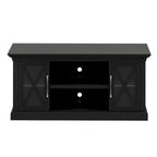 Mueble para TV con puertas de cristal negro y diseño X-Mullion para televisores de hasta 65"