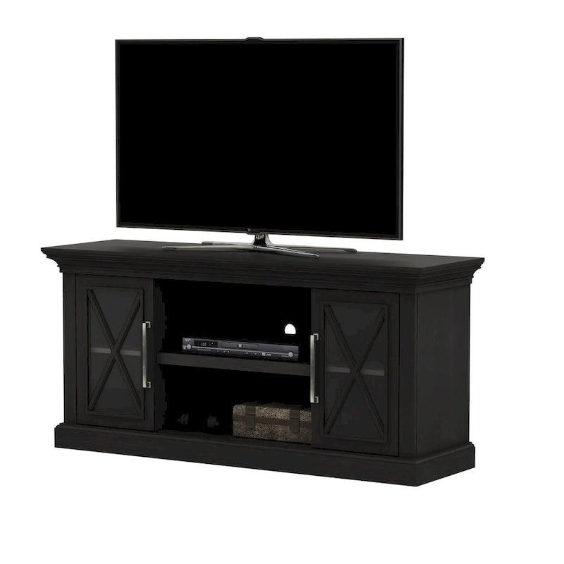 Mueble para TV con puertas de cristal negro y diseño X-Mullion para televisores de hasta 65"