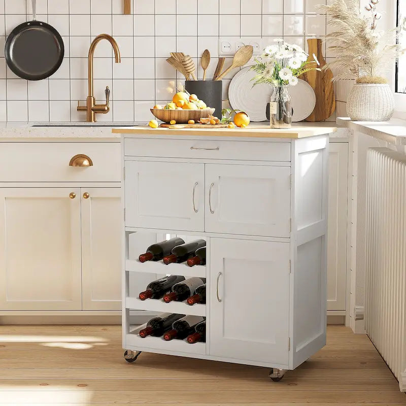 Carro de cocina rodante de madera blanca con cajón y botellero